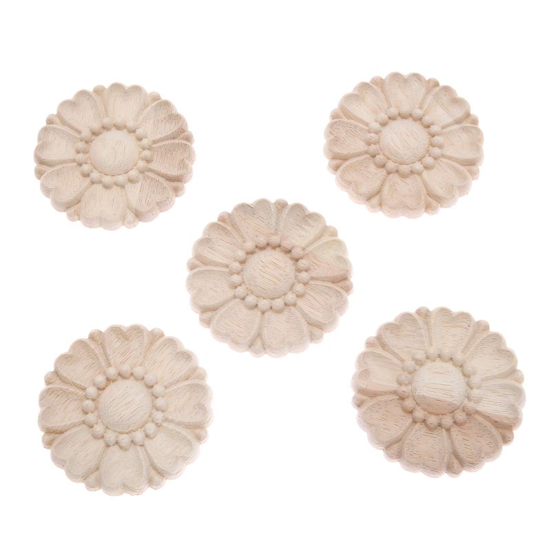 MUXSAM 5-Pack Unpainted Round Wood Carved Applique Onlay Decals for Cupboard Dresser Bed Furniture Crafts Decor(8cm/3.15") - Image 2